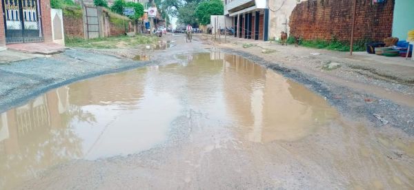 सडक़ में जगह-जगह गड्ढे से जलभराव, आवागमन में हो रही परेशानी