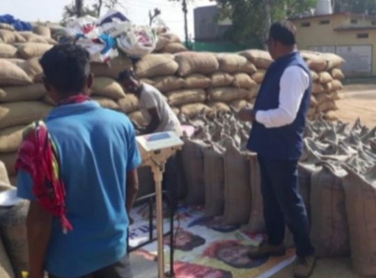 जनप्रतिनिधियों की तस्वीर वाले बैनर पर रखकर धान खरीदी 