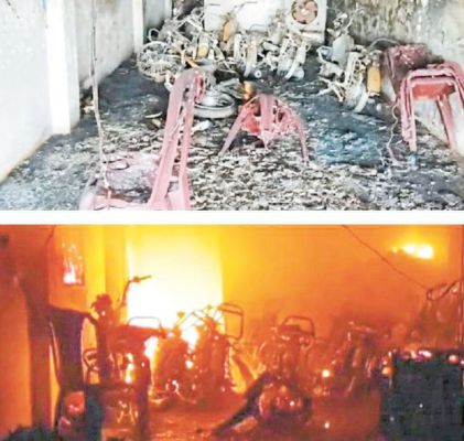बाइक शो रूम में लगी आग, 13 बाइक, टायर, बैटरी व पॉर्ट्स खाक