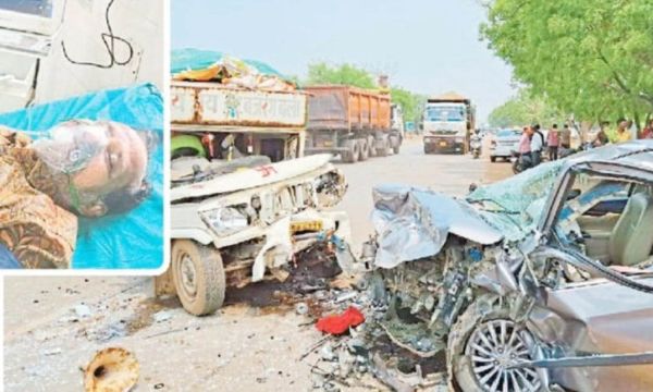मालवाहक-कार में टक्कर, महिला की मौत, पति गंभीर, चालक घायल