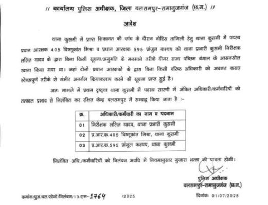 कुसमी थाना प्रभारी सहित दो प्रधान आरक्षक निलंबित