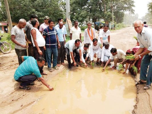 एनएच-343 की सडक़ में किसान कांग्रेस ने लगाया रोपा, मरम्मत की मांग