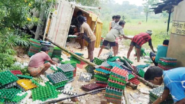 अंडे से भरी पिकअप पलटी, लूटने मची होड़