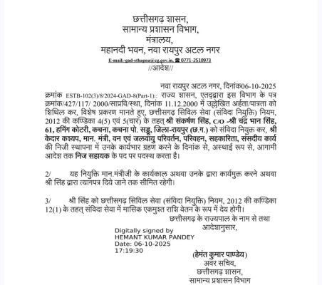 रिटायर्ड कर्मी को संविदा नियुक्ति,क‌ई नियम शिथिल किए गए 