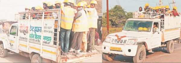 ठेकेदारों कर रहे मालवाहक वाहनों में सीमेंट संयंत्र के मजदूरों का परिवहन